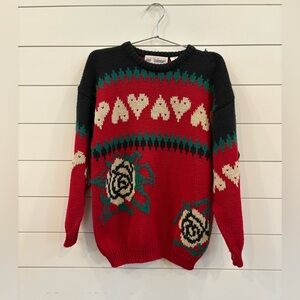 Vintage Women's Red and Black Heart Pattern Sweater